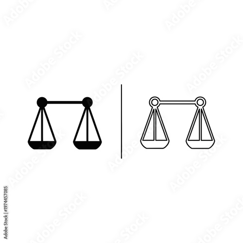 Justice scales icon representing law equality and balance in solid black and outline with line art