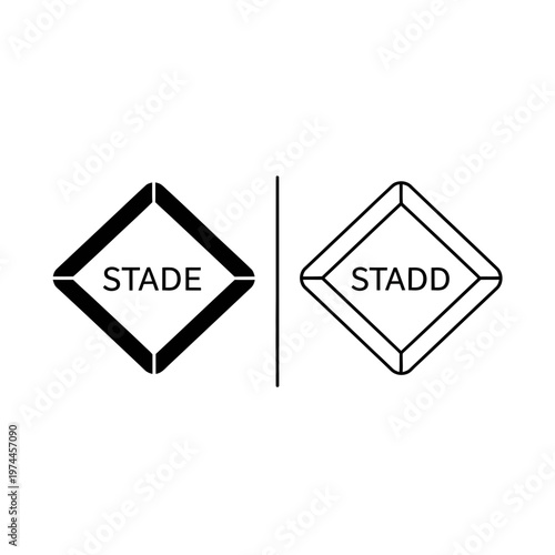 Geometric diamond shaped icons with stade and stadd text in black and outline, design element