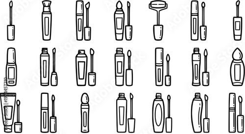 Black and White Line Art Icons of Makeup Products, Beauty and Cosmetics Collection
