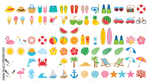 Extensive vector icon set for summer vacation and beach themes. includes essentials like swimwear, accessories, food, drinks, and various seaside activities and marine life.
