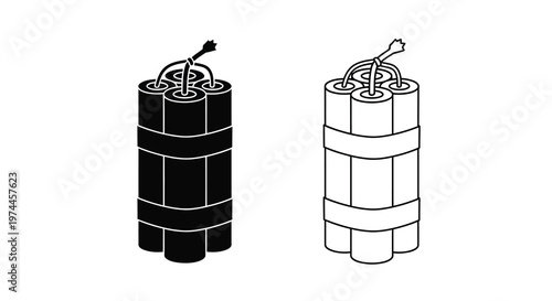 Two black and white illustrations of dynamite sticks with wicks