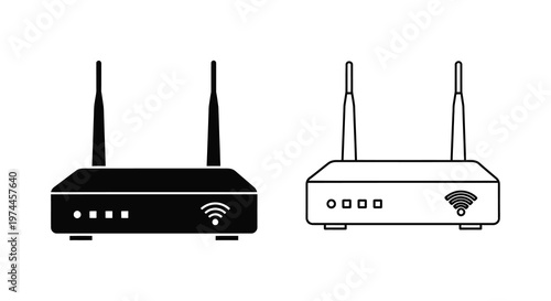 Four depictions of wireless routers in black and white line art