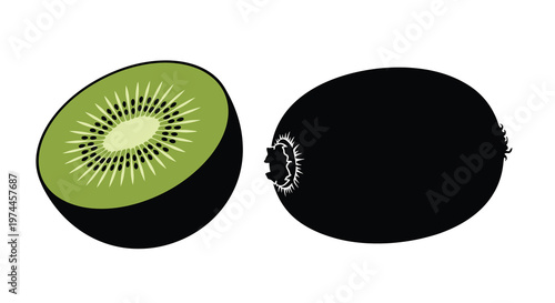 A halved kiwi fruit and a whole kiwi displayed on a white background