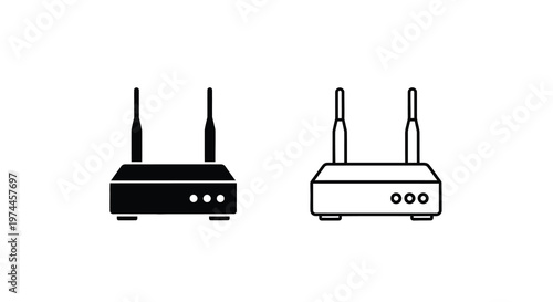 Wireless router icon set filled and outlined versions shown in black and white