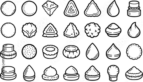 Black and White Line Art Food Icons Set. Outline illustrations of sushi, dumplings, onigiri, cake, and sauce drops for Asian cuisine and restaurant menus.