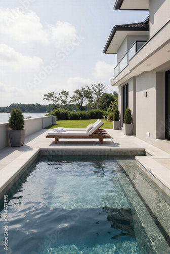Luxurious outdoor living space with a modern sleek swimming pool on a terrace for premium vacation resort concepts and elegant residential architecture design.