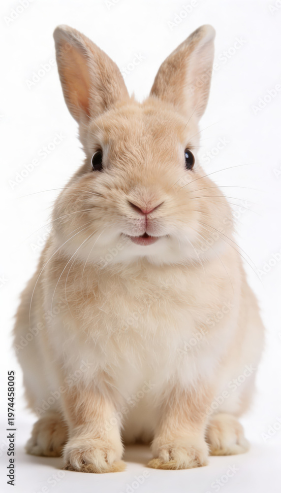 Obraz premium Charming real easter bunny with soft fur expressive eyes sitting centered on pure white background close up front view delightful natural holiday greeting spring celebration festive event