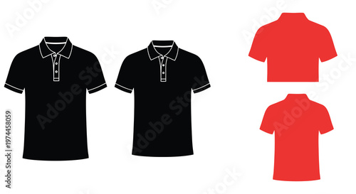 Illustrations of polo shirts in black and red front views shown
