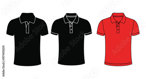 Three polo shirts in black and red displayed as vector illustrations