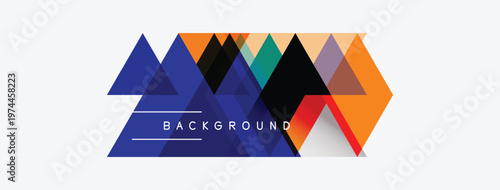 Abstract geometric shapes overlap, creating dynamic background. Blue, orange, purple hues dominate design. Text reads background.