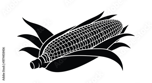 A black and white illustration of a single ear of corn with husks