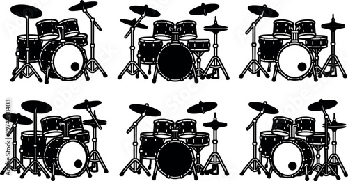 Black and white drum set silhouette vector art with cymbals six variations