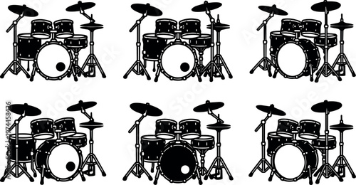 Black and white flat design drum set icons with cymbals in different angles