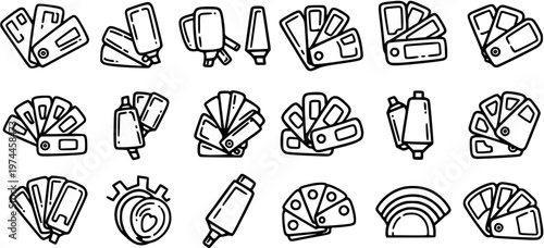 Color Swatches and Paint Tubes Vector Icons in Black and White Line Art Style