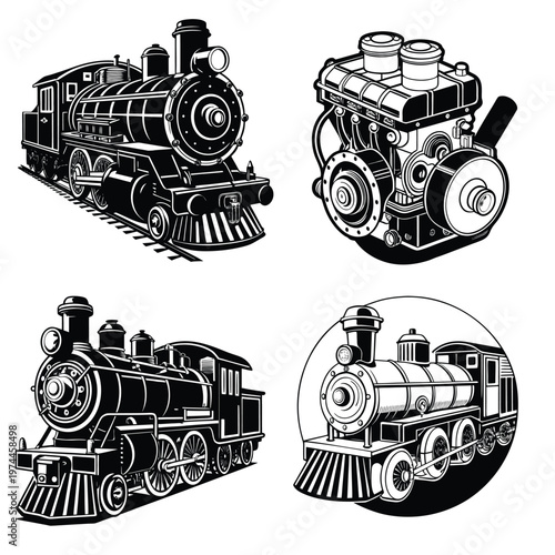 Steam Locomotive and Industrial Engine Mechanical Illustration Collection