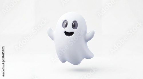 A friendly cute white ghost character with a cheerful smiling face and raised arms for halloween