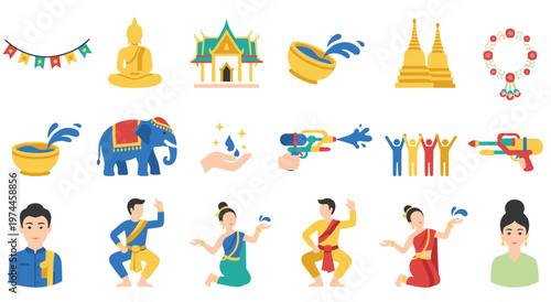 Thai new year water festival icons songkran symbols and traditions colorful elements like buddha temple elephant water gun garland and people celebrating.