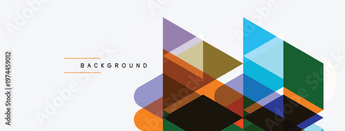 Abstract geometric shapes overlap, creating colorful design. Modern style, clean lines, simple composition. Background text present.