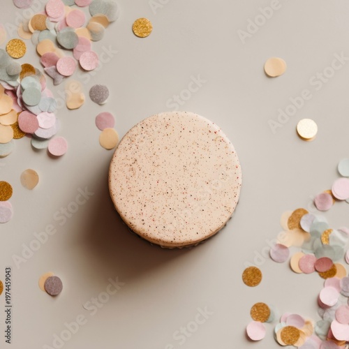 tiny cake on neutral beige grey background, scattered confetti, soft pastel colors, minimal flat lay micro celebration concept, top view, premium editorial mockup aesthetic, copyspace. birthday, party