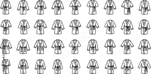 Black and White Line Art Bathrobes Vector Icon Set for Hospitality, Wellness, and Home Comfort. Outline Dressing Gowns for Relaxation and Spa Amenities.
