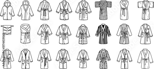 Homewear and Apparel Collection: Hand-Drawn Black  White Line Art Set with Diverse Bathrobes and a Towel, Outline Vector Illustrations for Textile and Lifestyle Design