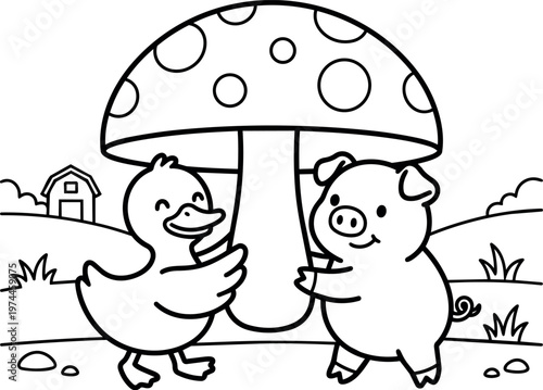 Black and white line art duck and pig holding mushroom cartoon