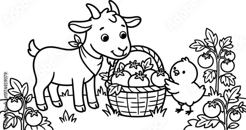 Cute goat and chick with basket of tomatoes in garden line art vector