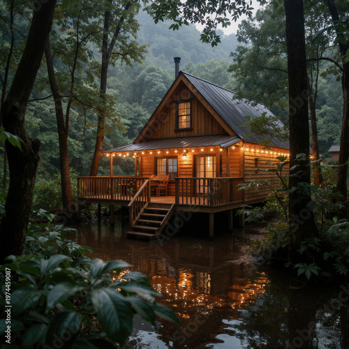 Magical evening landscape featuring a glowing wooden cabin nestled in a dark mysterious pine forest for peaceful outdoor retreat concepts and fairytale design.