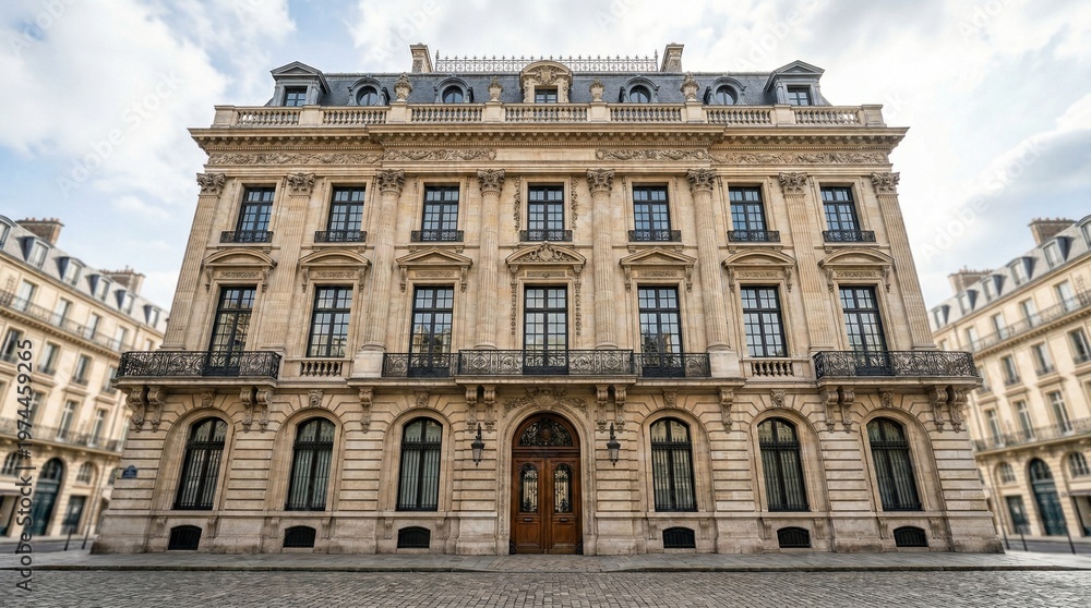Obraz premium A majestic European-style building stands tall in a city square under a cloudy sky with elegant architecture.