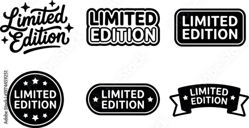 Black and white limited edition lettering set with star badges and banners vector art