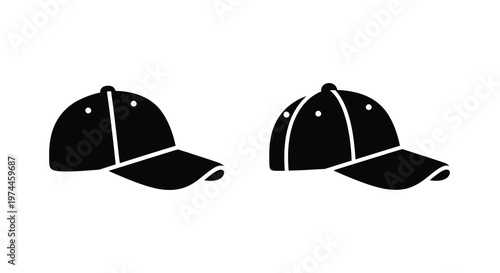 Two black and white baseball cap icons shown in different orientations