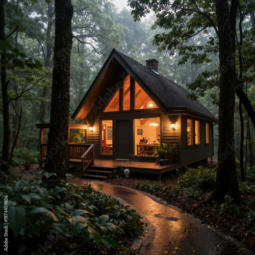 Magical evening landscape featuring a warm glowing cabin in a dark pine forest for peaceful holiday retreat concepts and serene outdoor getaway design.