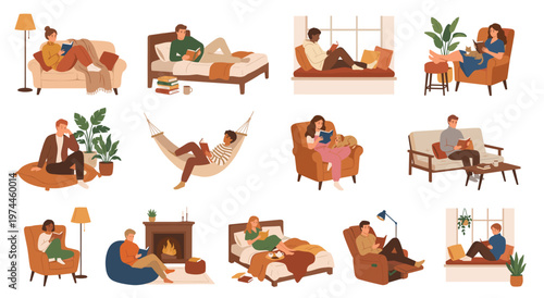 Diverse individuals engaged in reading books in various cozy home settings. Relaxing in beds, armchairs, sofas, and hammocks. Quiet domestic scenes of leisure.