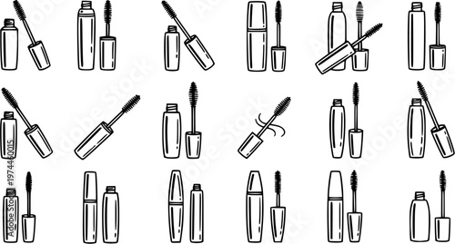 Cosmetics Beauty Mascara Black and White Line Art Vector Icons Set. Hand Drawn Makeup Outline Doodle Collection for Eyelash Enhancement.