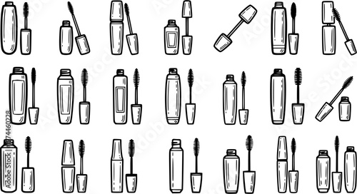 Beauty and Cosmetics Mascara Wands and Tubes Set. Hand Drawn Black and White Line Art Outline Icons for Eye Makeup and Personal Care Products Collection.