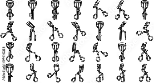 Beauty and Cosmetic Eyelash Curlers Line Art Vector Icon Set. Simple Black and White Outline Collection of Makeup Tools for Eyelash Curling.