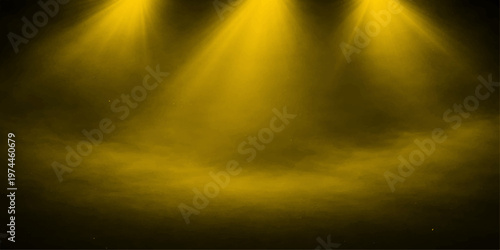 Abstract atmospheric with golden spotlight beams descending upon an ethereal smoky ground. Capturing the magical atmosphere, evoke a sense of mystery.