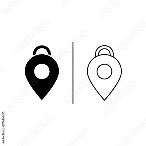Padlock map pin combination icon in solid and outline styles with security location interface