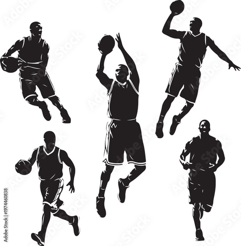 Basketball Player Silhouettes Action Vector Illustration Set