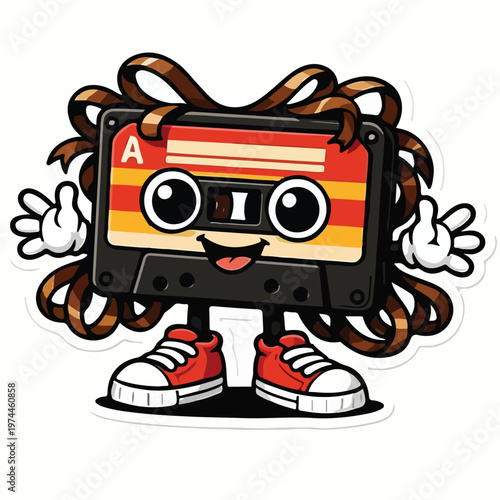 This charming cartoon audio cassette tape character, with big eyes, a happy smile, and stylish red sneakers, celebrates vintage music.