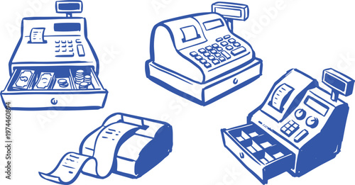Hand Drawn Cash Register Silhouette Vector Illustration Set with Retail Payment Machine Receipt and Checkout Design.