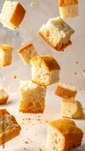 A photo features multiple pieces of toasted bread seemingly suspended in the air. The cubes are different sizes and are illuminated against a light backdrop