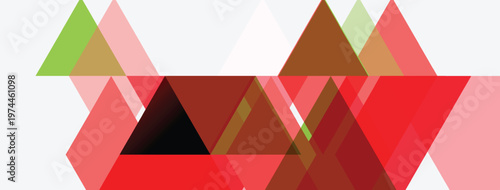 Abstract geometric shapes overlap. Red, brown, green hues dominate composition. Minimalist design, modern aesthetic.