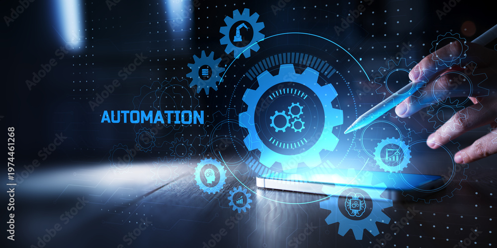 Fototapeta premium Workflow and System Automation Illustrated on a Digital Interface with Robotic Process and Server Icons.
