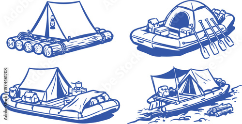Hand Drawn Raft Boat Silhouette Vector Illustration Set with Tent Camping Water Transport Adventure Outdoor Design.