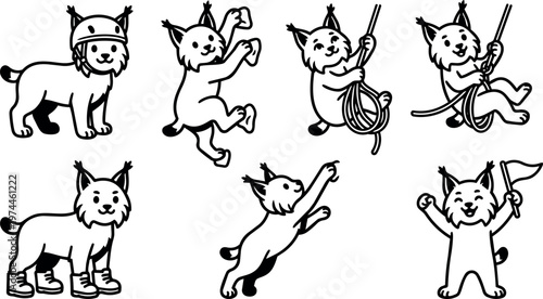Black and white line art playful lynx with rope helmet and boots in various poses