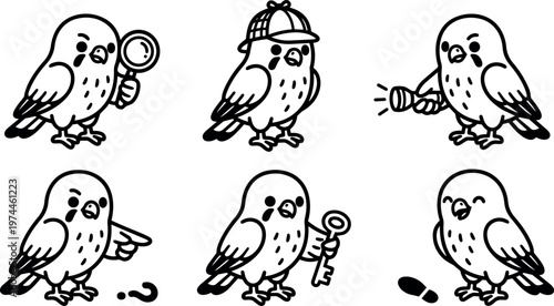 Black and white detective bird with magnifying glass hat flashlight and key vector art