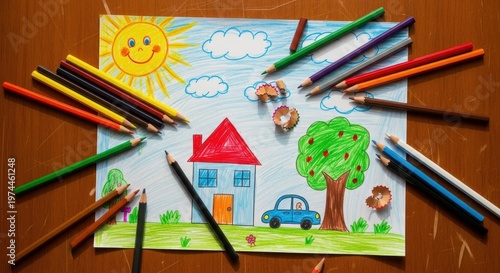 Childs Colorful Drawing of a House, Car, Sun, and Tree with Pencils Scattered Around.