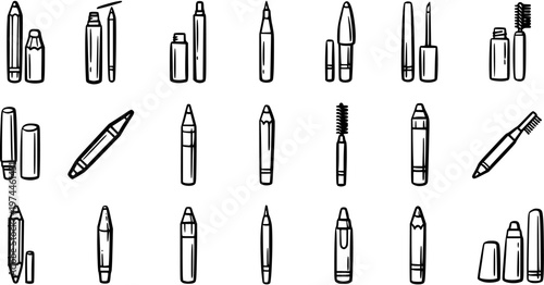 Black and White Line Art Icons of Makeup Pencils, Brushes, and Cosmetics