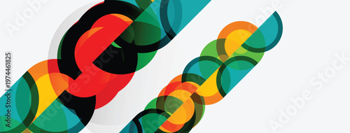 Abstract design features overlapping colorful circles, creating dynamic diagonal pattern. Bright hues dominate white background.